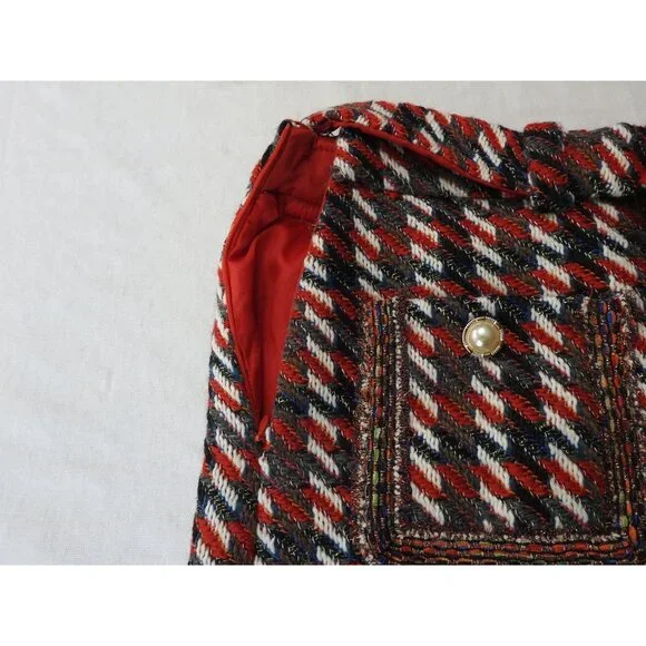 Classic Women's Tweed Skirt Sz XL Quilted Lined Belted Pearl Button Pockets Red - Picture 9 of 14
